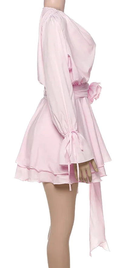 Pink Y2K ruffle mini dress for women with long sleeves and a tie waist detail