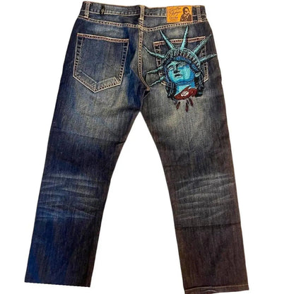 LuckeLadybug LLC Y2K Statue of Liberty jeans with embroidered Liberty design on the back pocket