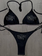 Y2K Swimwear Black Rhinestone Bikini Set