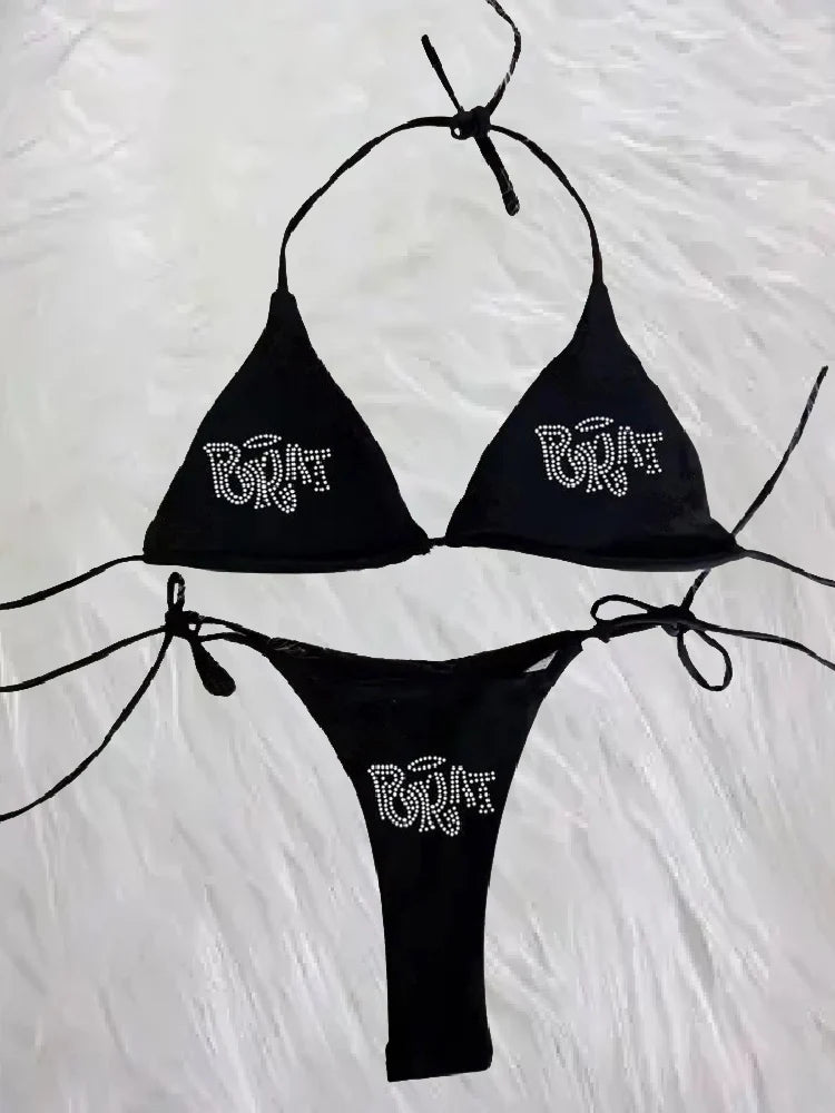 Y2K Swimwear Black Rhinestone Bikini Set