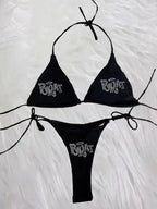 Y2K Swimwear Black Rhinestone Bikini Set