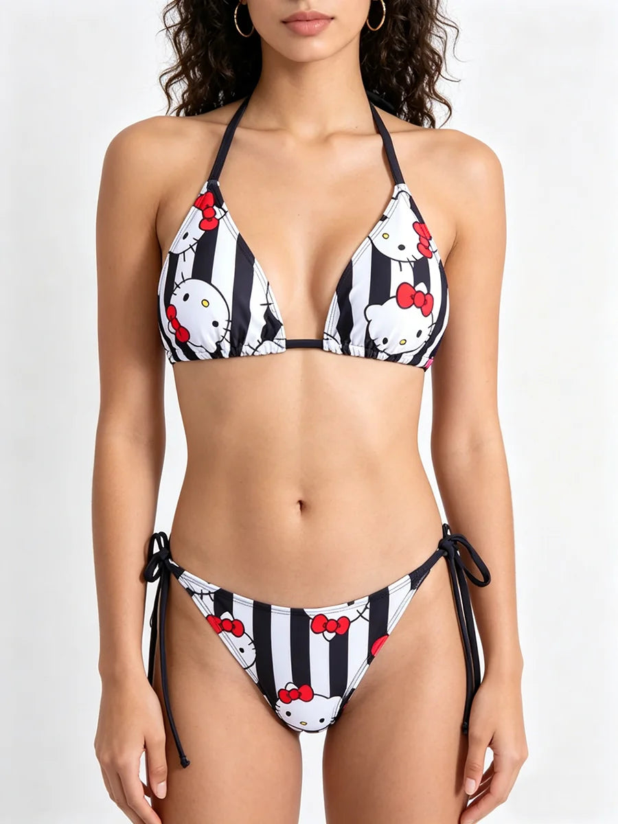 LuckeLadybug Hello Kitty Bikini in Y2K swimwear style with black stripes and adjustable ties