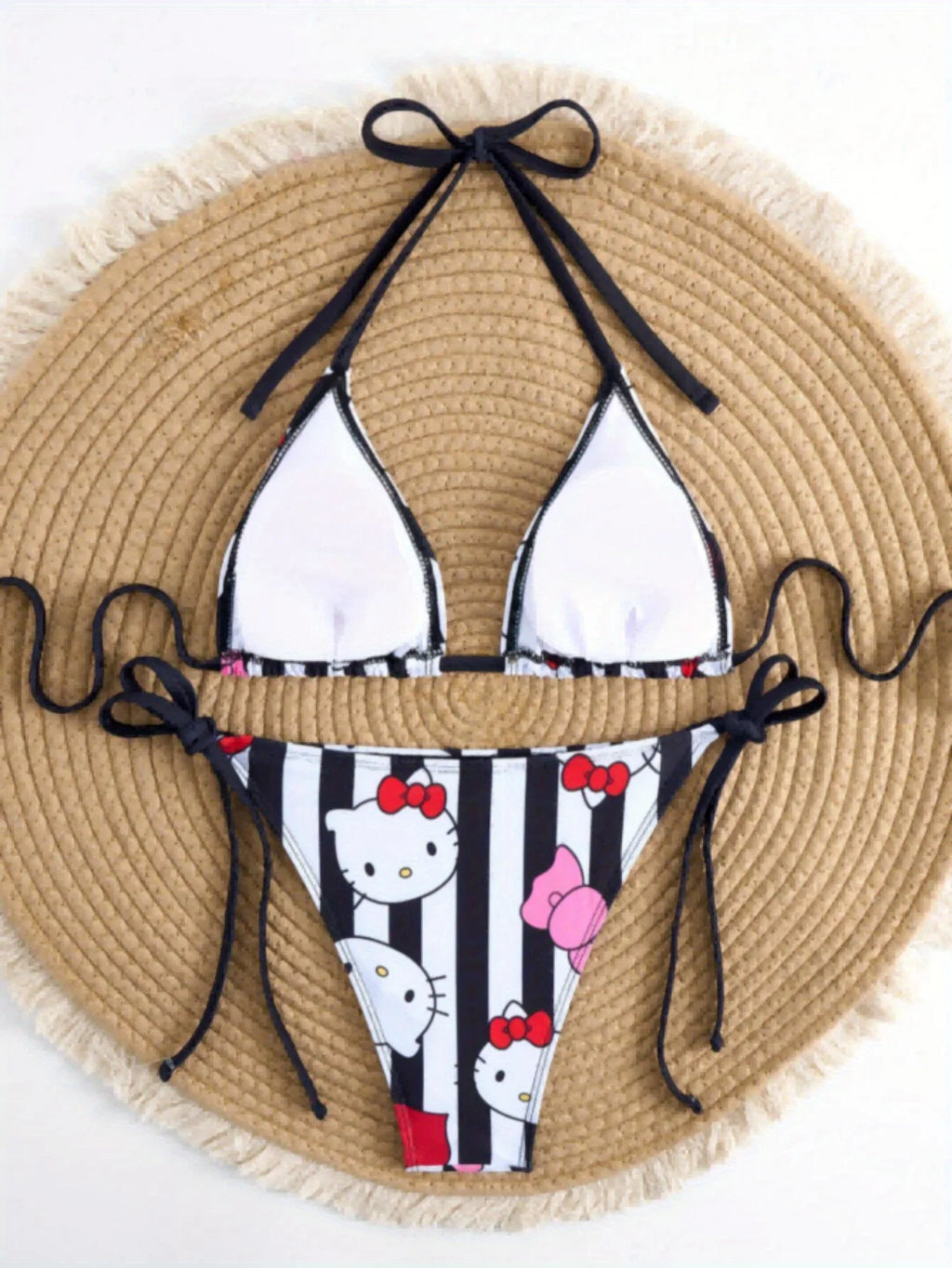 LuckeLadybug Hello Kitty Bikini in Black and White Stripes, perfect for Y2K swimwear enthusiasts