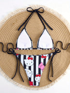 LuckeLadybug Hello Kitty Bikini in Black and White Stripes, perfect for Y2K swimwear enthusiasts