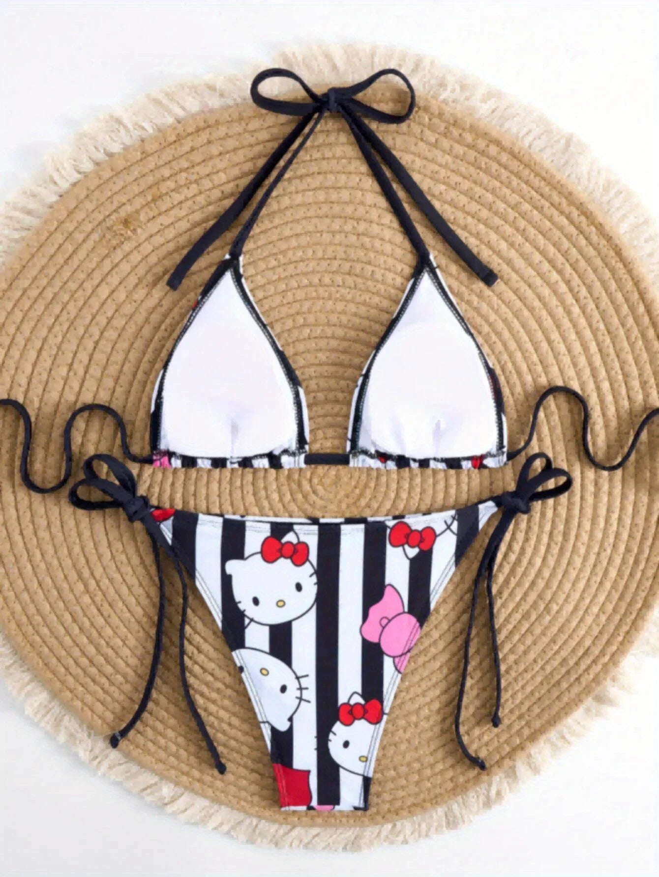 LuckeLadybug Hello Kitty Bikini in Black and White Stripes, perfect for Y2K swimwear enthusiasts
