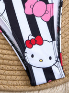 LuckeLadybug Bikini featuring black and white stripes with Hello Kitty and pink bows, perfect y2k swimwear