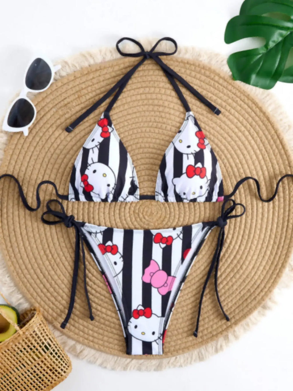LuckeLadybug Hello Kitty Bikini featuring y2k swimwear design with stripes and colorful bows