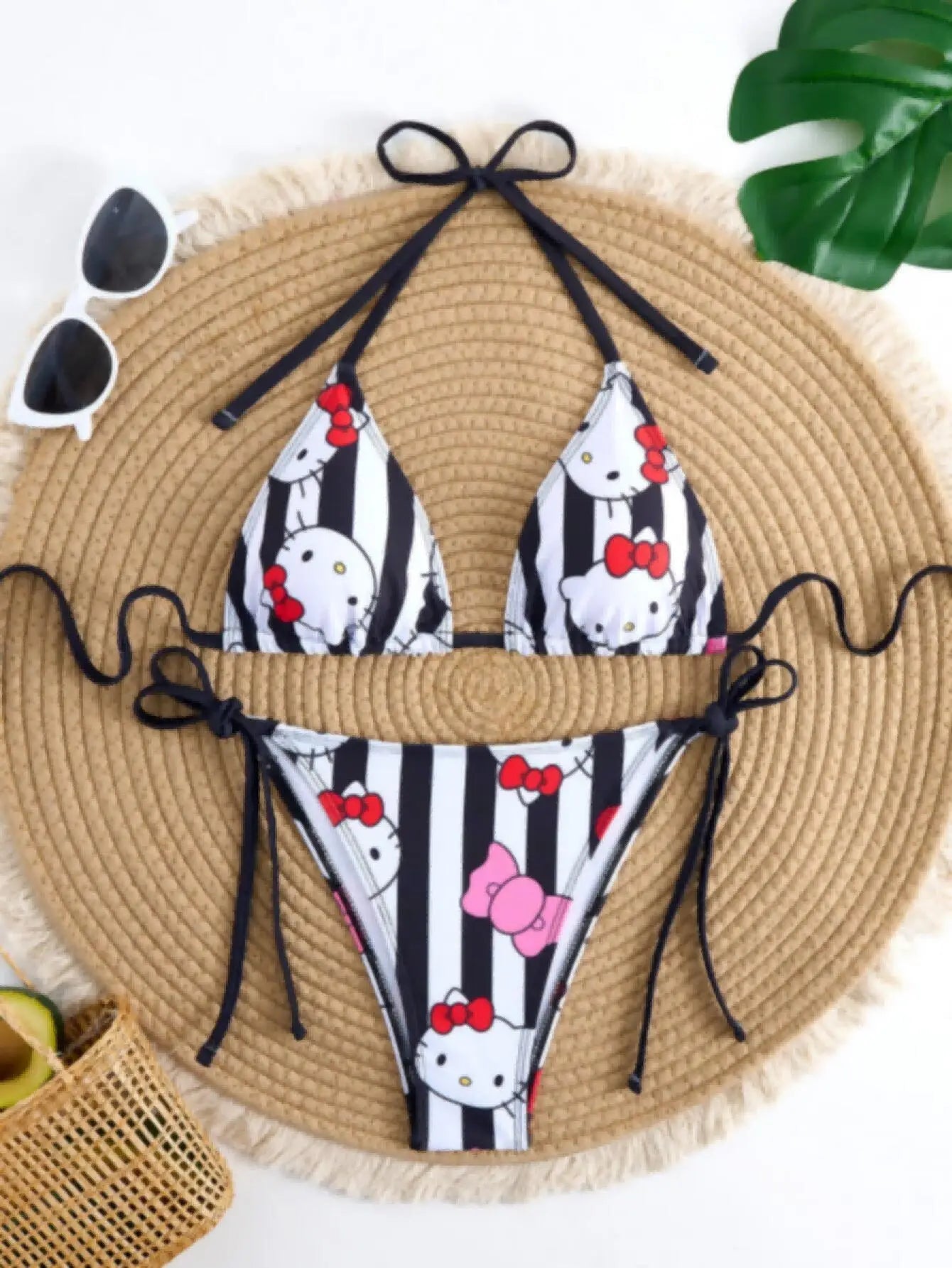 LuckeLadybug Hello Kitty Bikini featuring y2k swimwear design with stripes and colorful bows