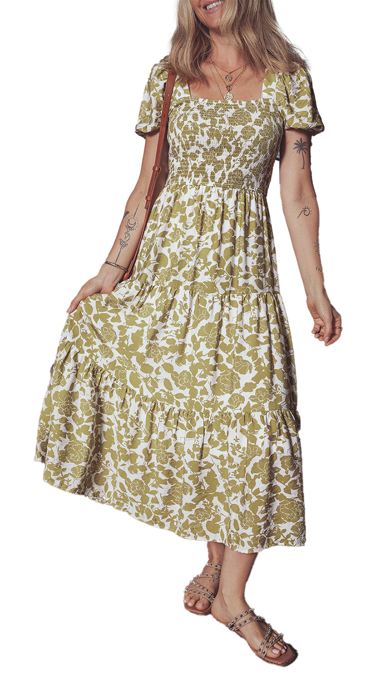 LuckeLadybug yellow boho floral maxi dress with a tiered design and short sleeves, perfect for summer outings