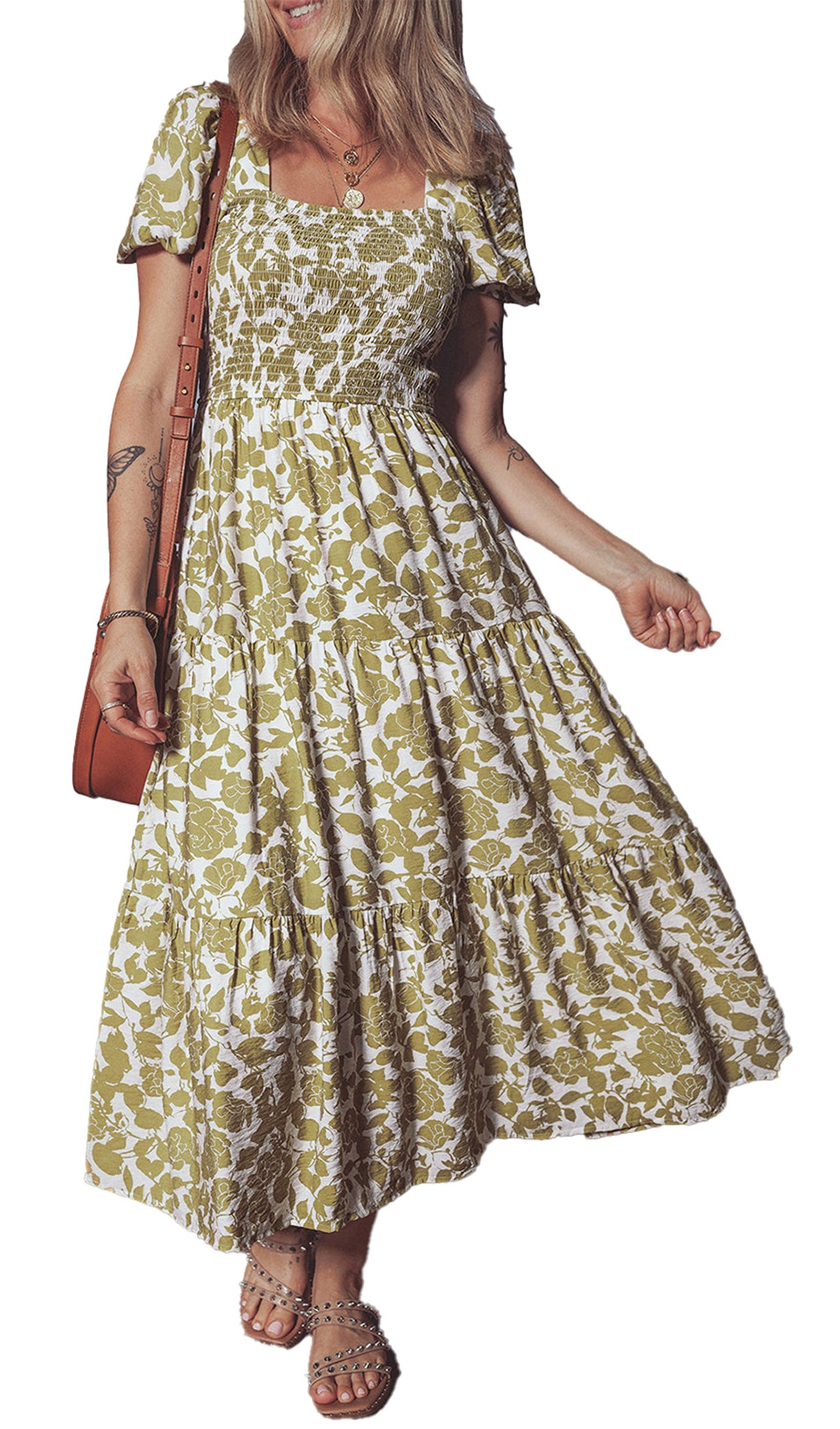 LuckeLadybug yellow boho floral maxi dress with a square neckline and a flowy skirt