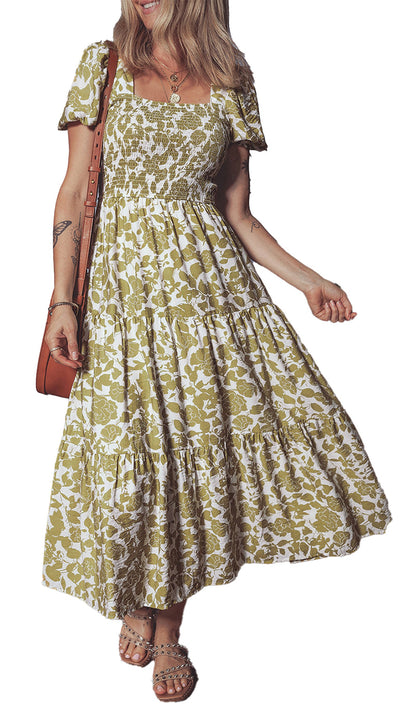 LuckeLadybug yellow boho floral maxi dress with a square neckline and a flowy skirt