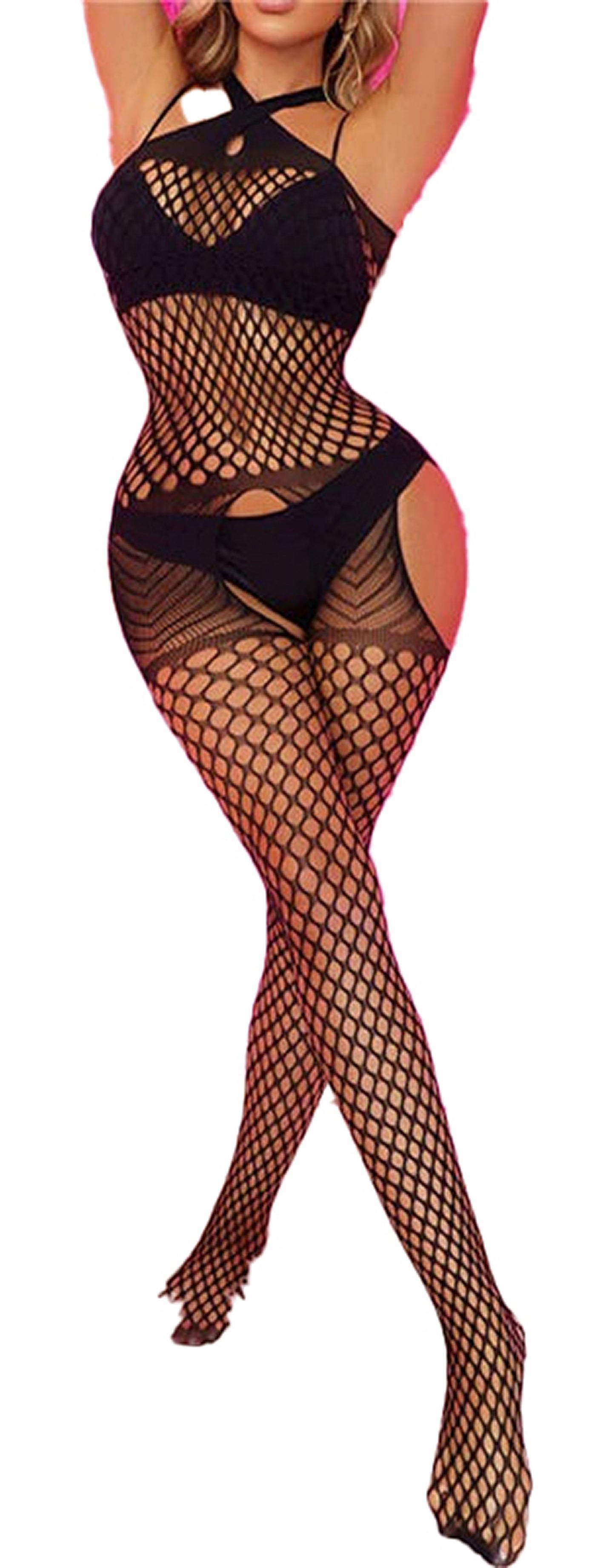Black bodystocking featuring a fishnet design and cutouts, perfect for wearing with the yellow fishnet lingerie set.