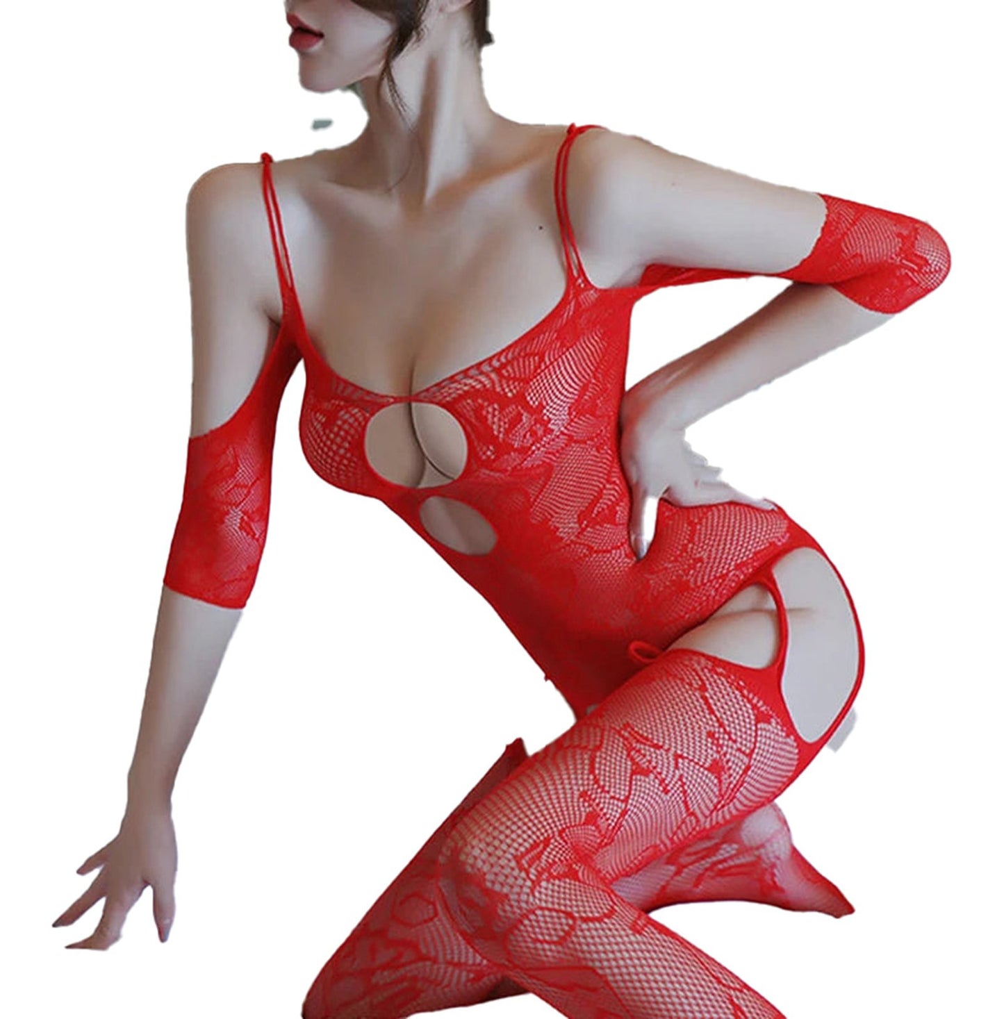 Red bodystocking lingerie featuring cut-out details, perfect for a bold look with a yellow fishnet lingerie set inspiration