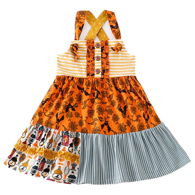 Adorable Halloween Fun: Yellow Print Apron Dress For Babies And Toddlers - LuckeLadybug LLC