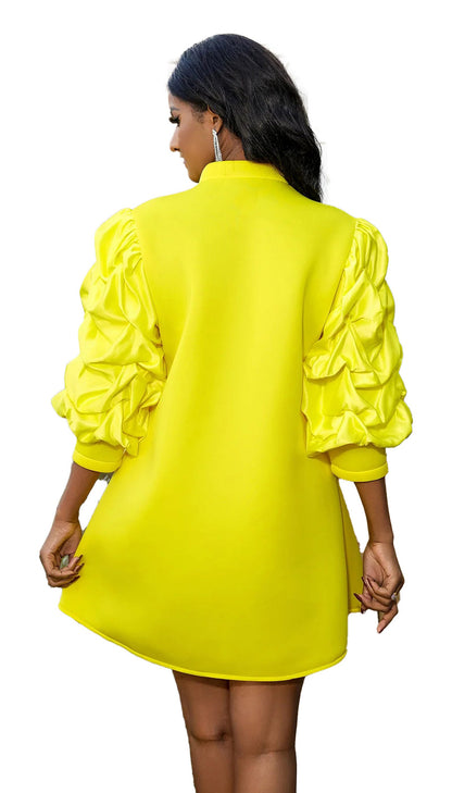 Stylish yellow mini dress for women with puffed sleeves, perfect for casual outings
