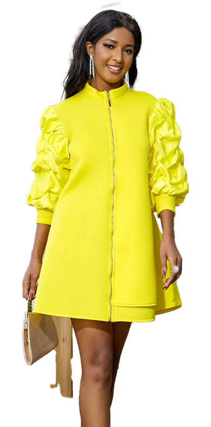 Woman wearing a vibrant yellow mini dress for women with puff sleeves and a zip front design