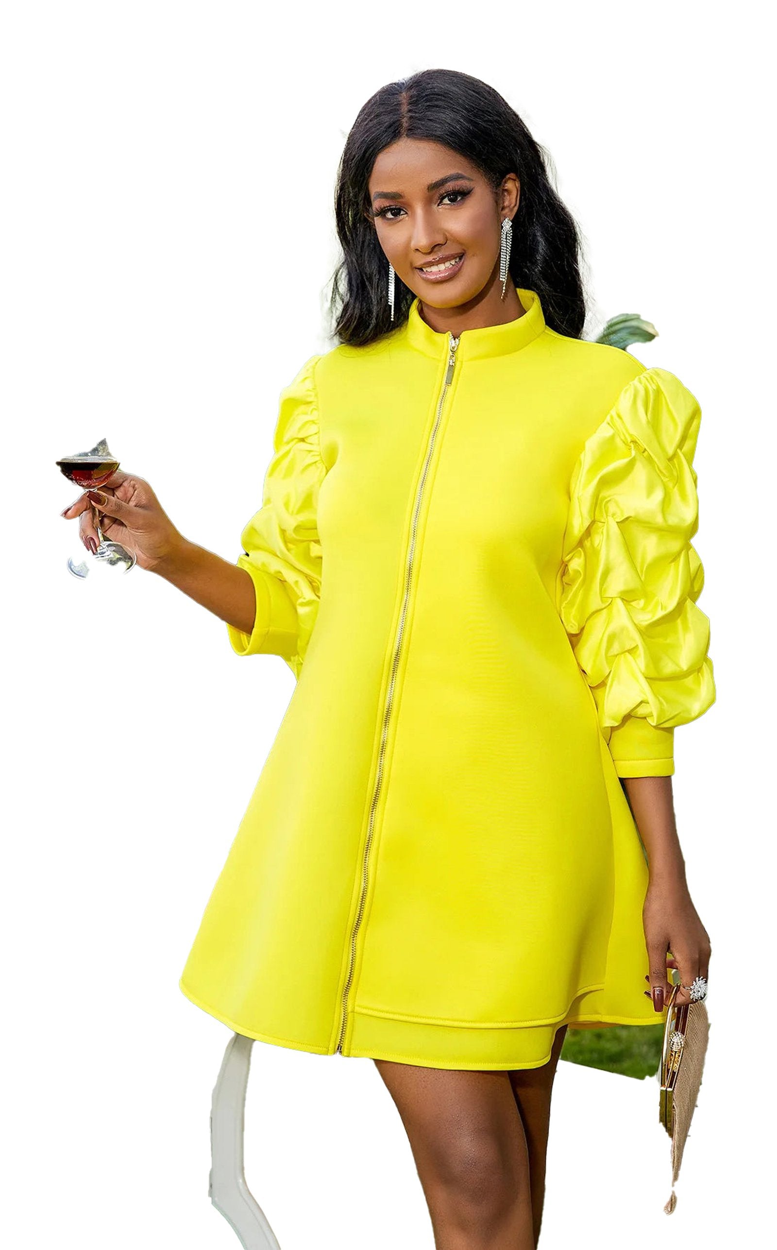 Model wearing a bright yellow mini dress for women with puff sleeves, perfect for summer outings