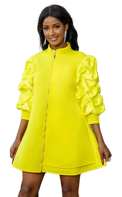LuckeLadybug LLC Yellow Mini Dress for Women with Puff Sleeves and Zip Front Closure