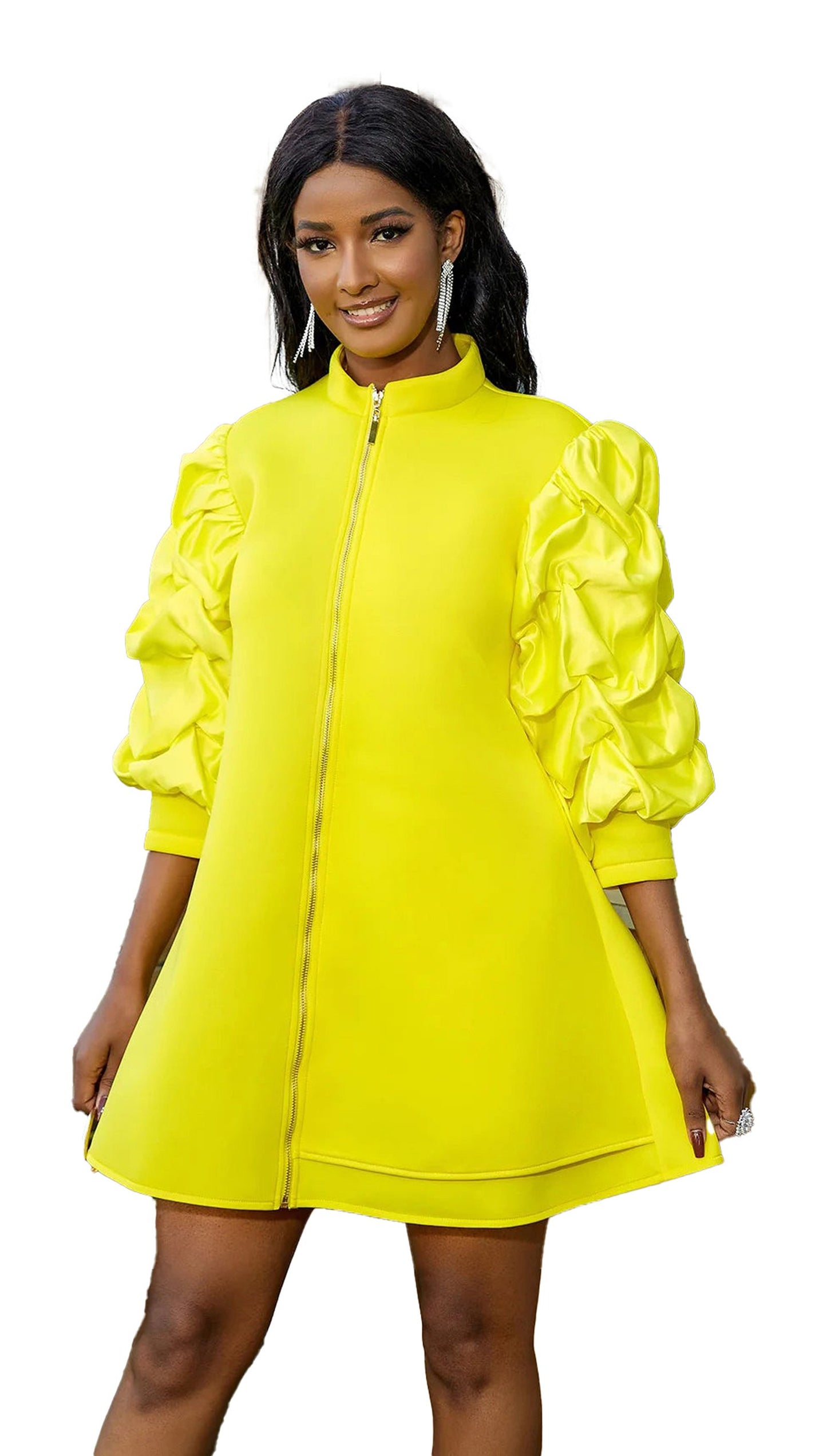 Bright yellow mini dress for women with puffed sleeves and zipper detail by LuckeLadybug LLC