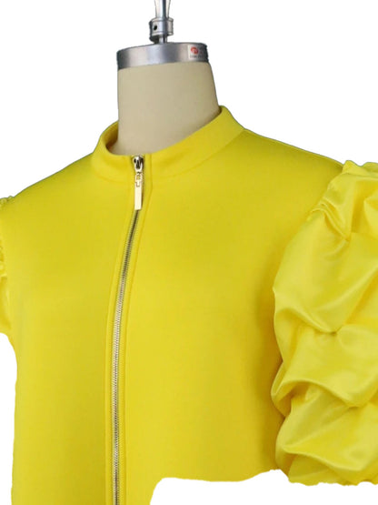 LuckeLadybug LLC vibrant yellow mini dress for women with stylish puff sleeves and zipper closure