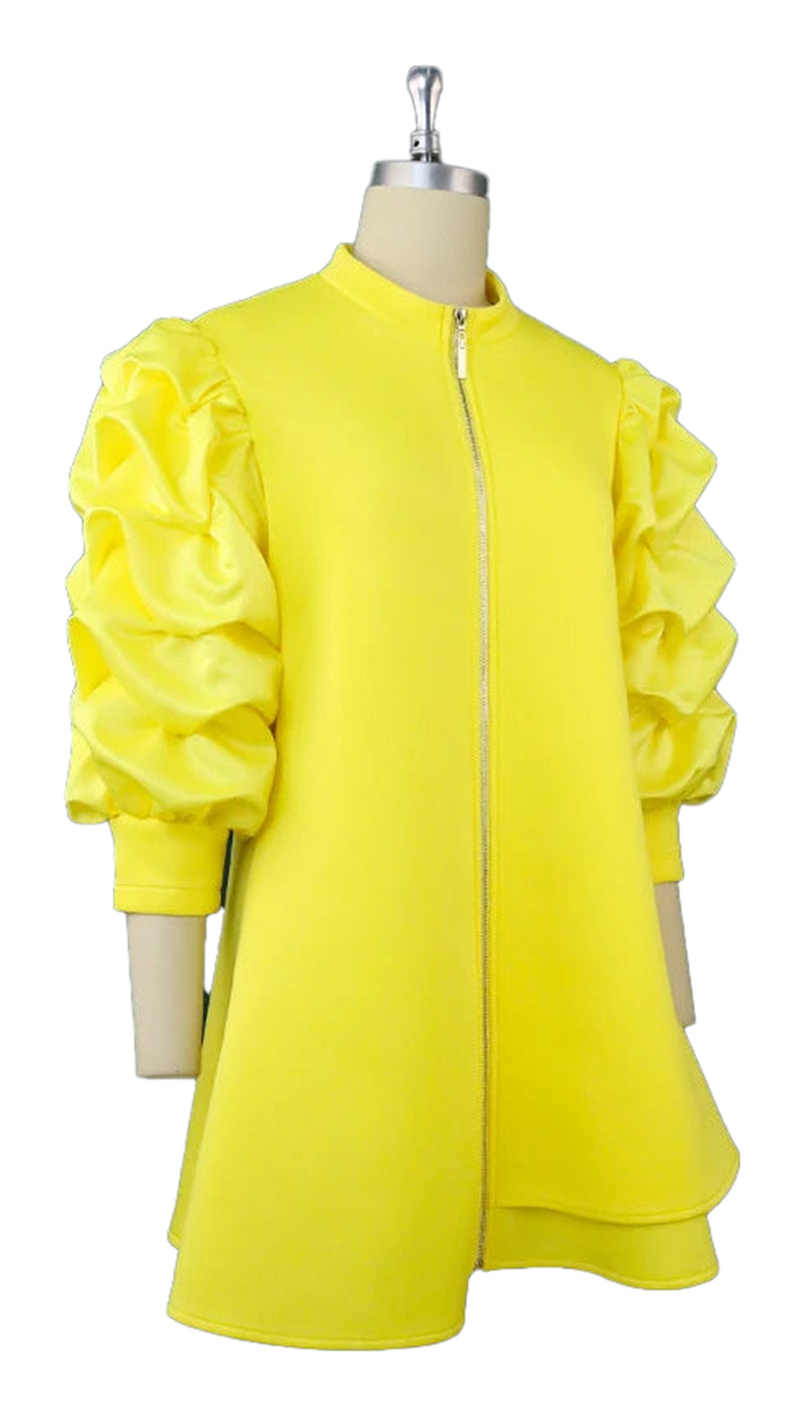 Bright yellow mini dress for women with puffed sleeves and a stylish zip front design