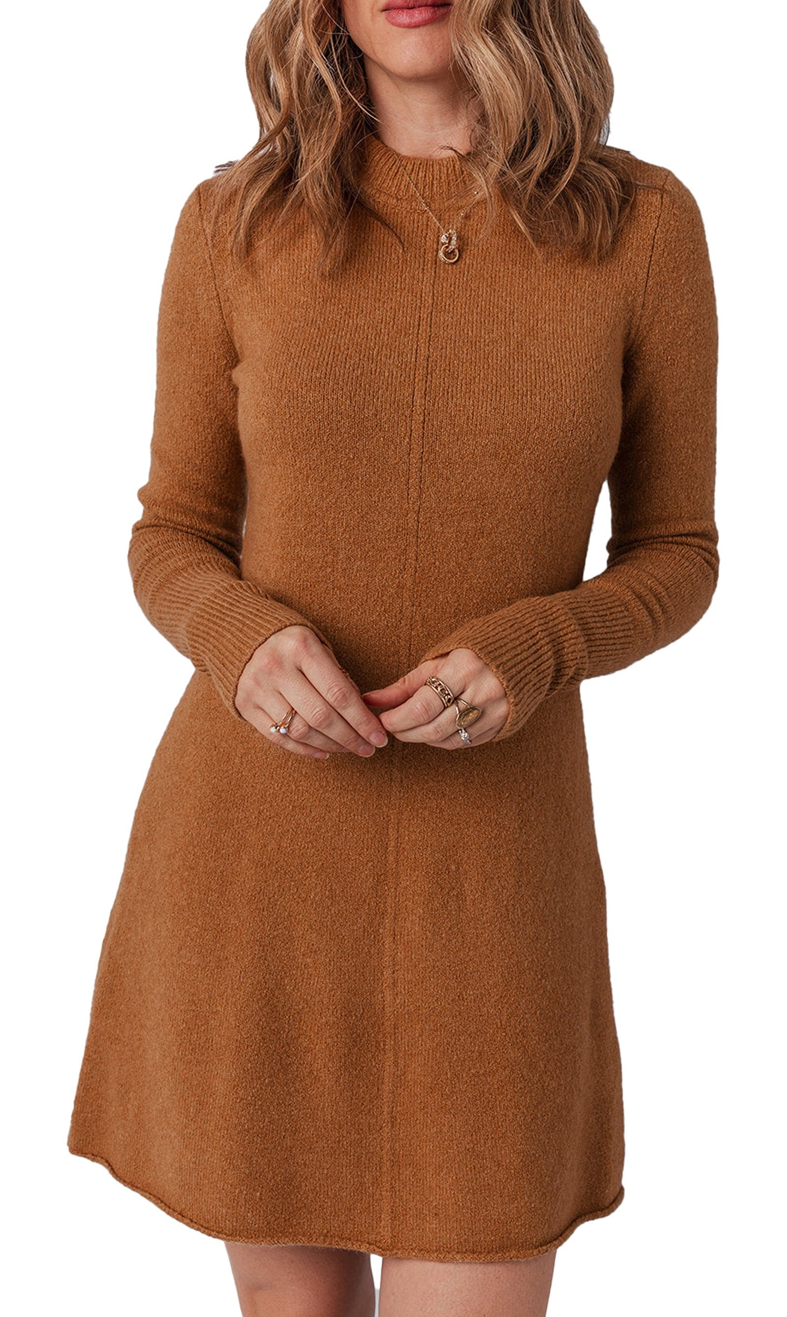 LuckeLadybug yellow ribbed sweater dress featuring long sleeves and a comfortable fit