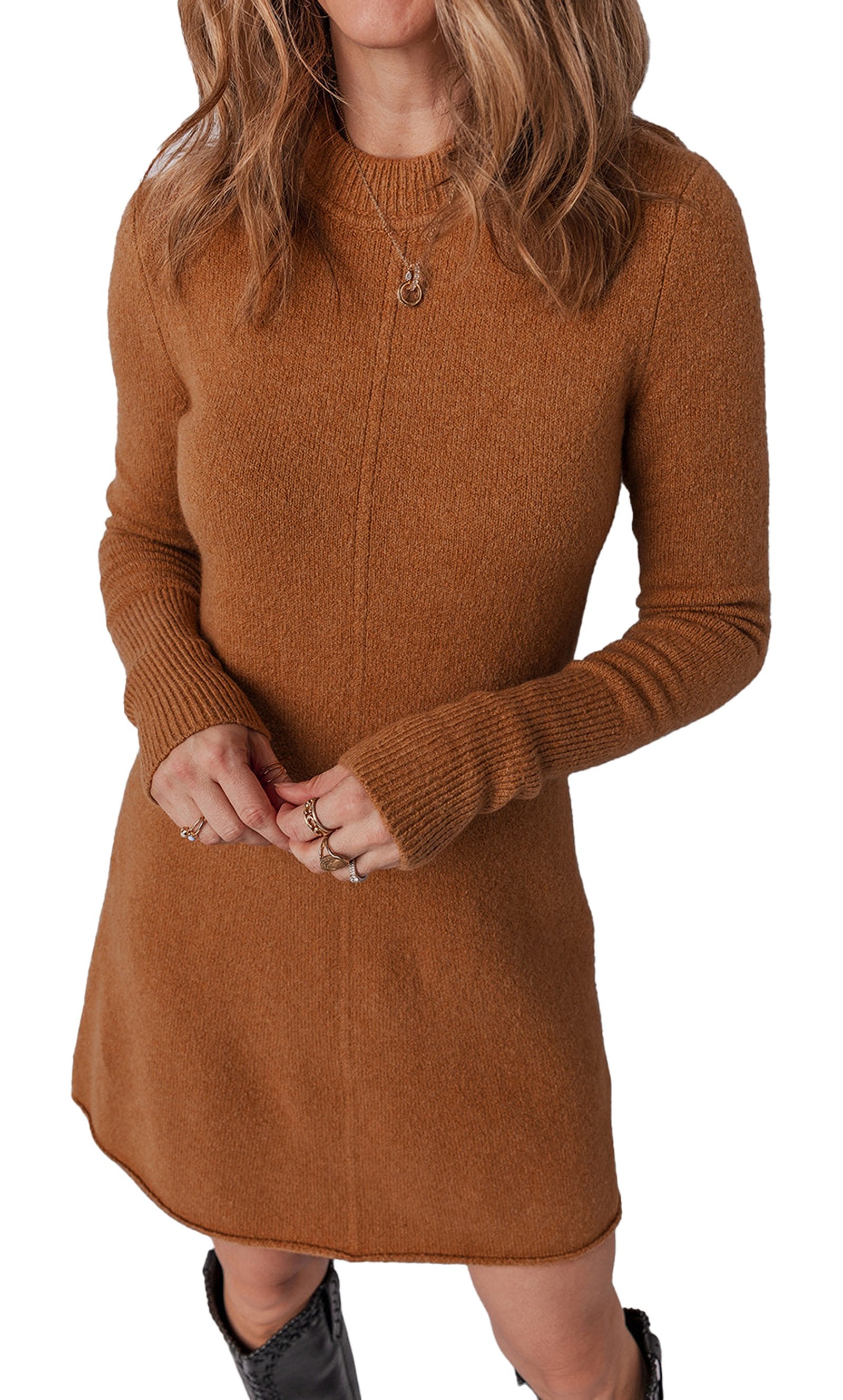 LuckeLadybug brown sweater dress featuring ribbed details and long sleeves, ideal for fall fashion.