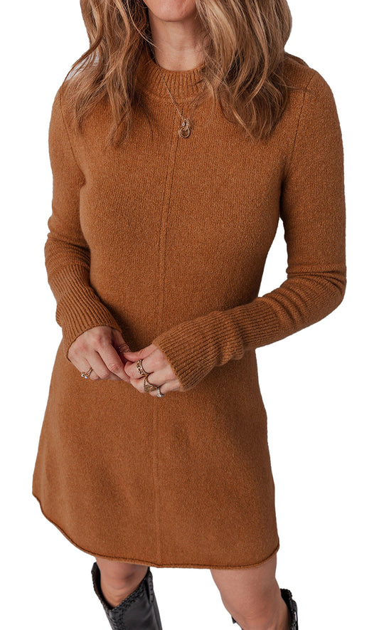 LuckeLadybug brown sweater dress featuring ribbed details and long sleeves, ideal for fall fashion.