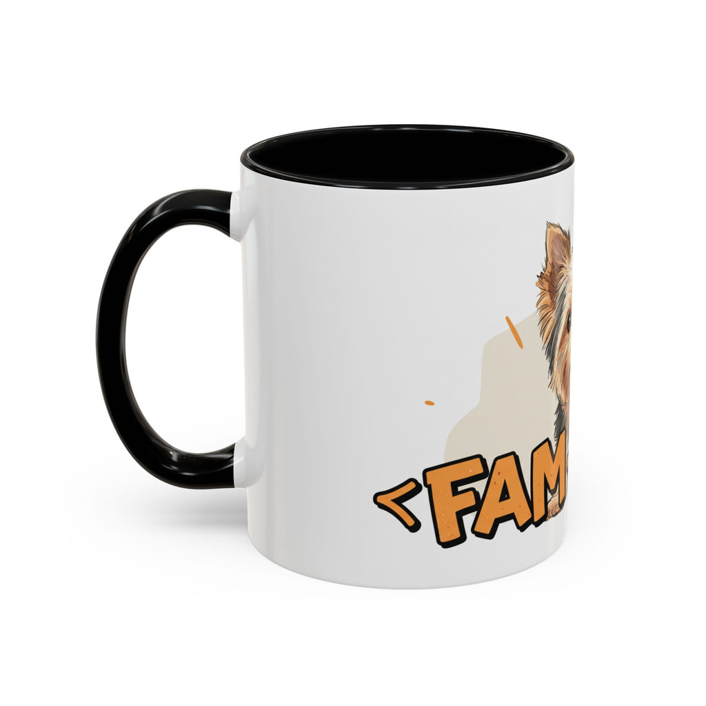 Yorkie dog coffee mug with black handle and black interior featuring dog illustration and text