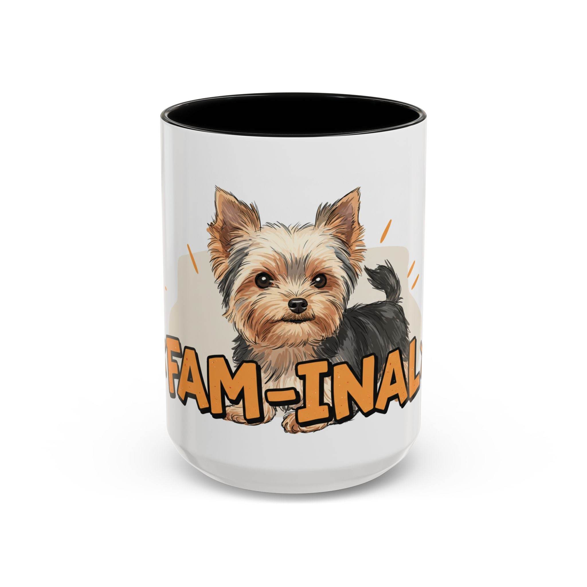 Yorkie dog coffee mug by LuckeLadybug featuring cute Yorkie illustration with fam-inal text