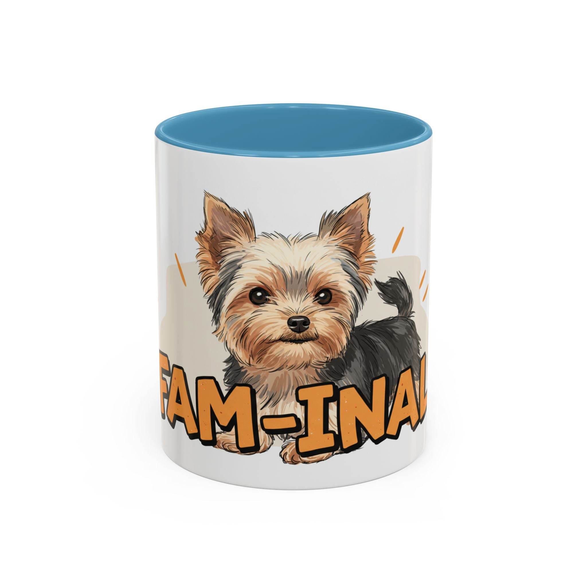 Yorkie dog coffee mug with cute Yorkshire Terrier illustration and blue interior