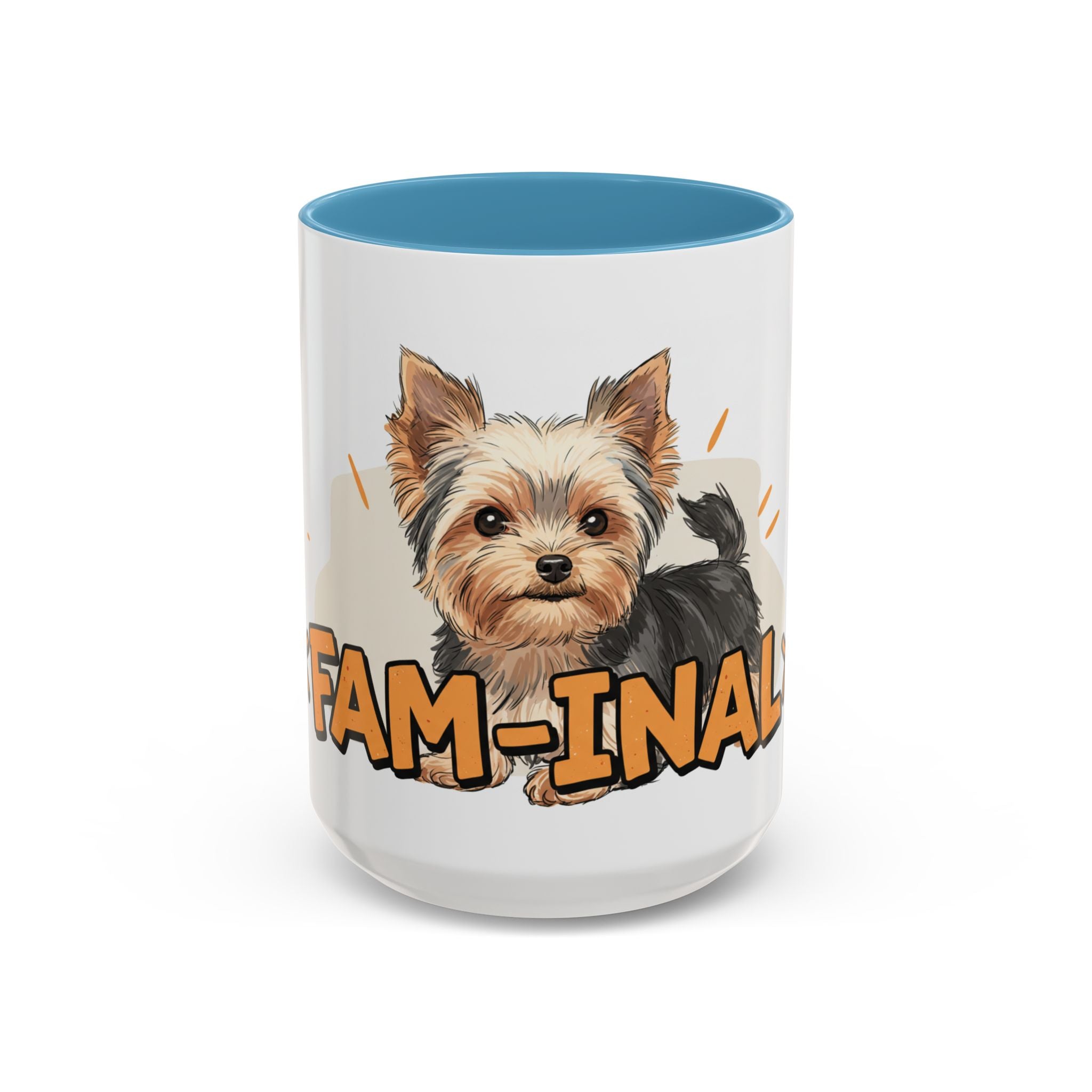 LuckeLadybug Yorkie dog coffee mug with cute Yorkshire Terrier and Fam-inal text design