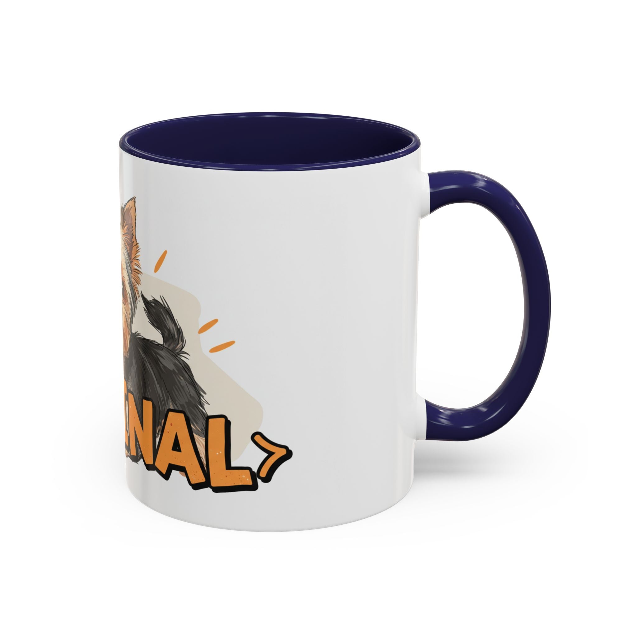 White Yorkie dog coffee mug with navy blue handle and interior featuring cute Yorkie design