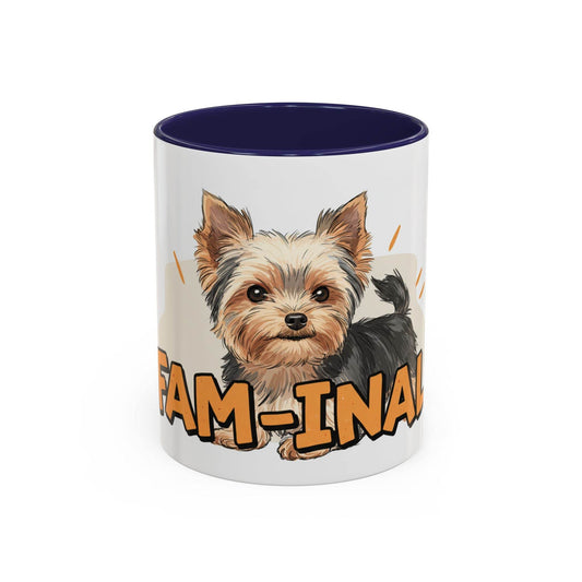 Yorkie dog coffee mug with cute Yorkie illustration and fam-ina text by LuckeLadybug