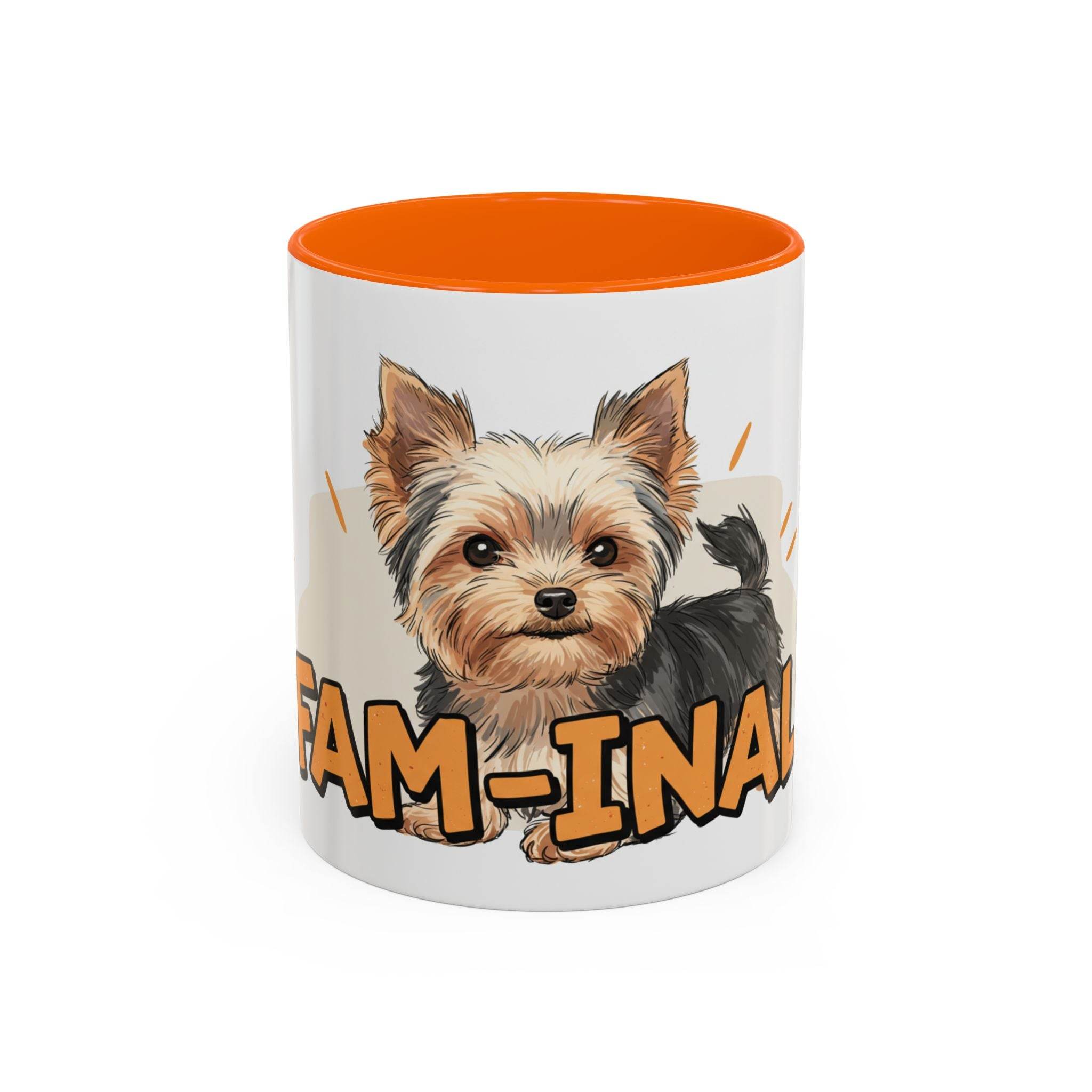 Yorkie dog coffee mug with orange interior featuring cute Yorkie illustration and fam-inal text