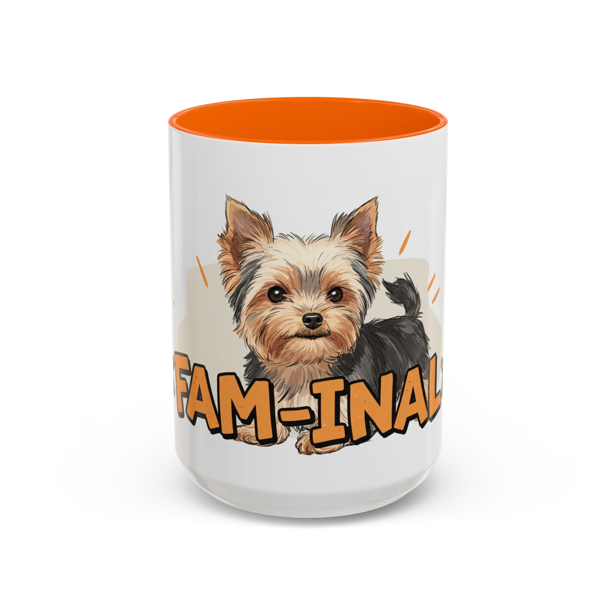 Yorkie dog coffee mug with cute Yorkshire Terrier illustration and orange interior by LuckeLadybug