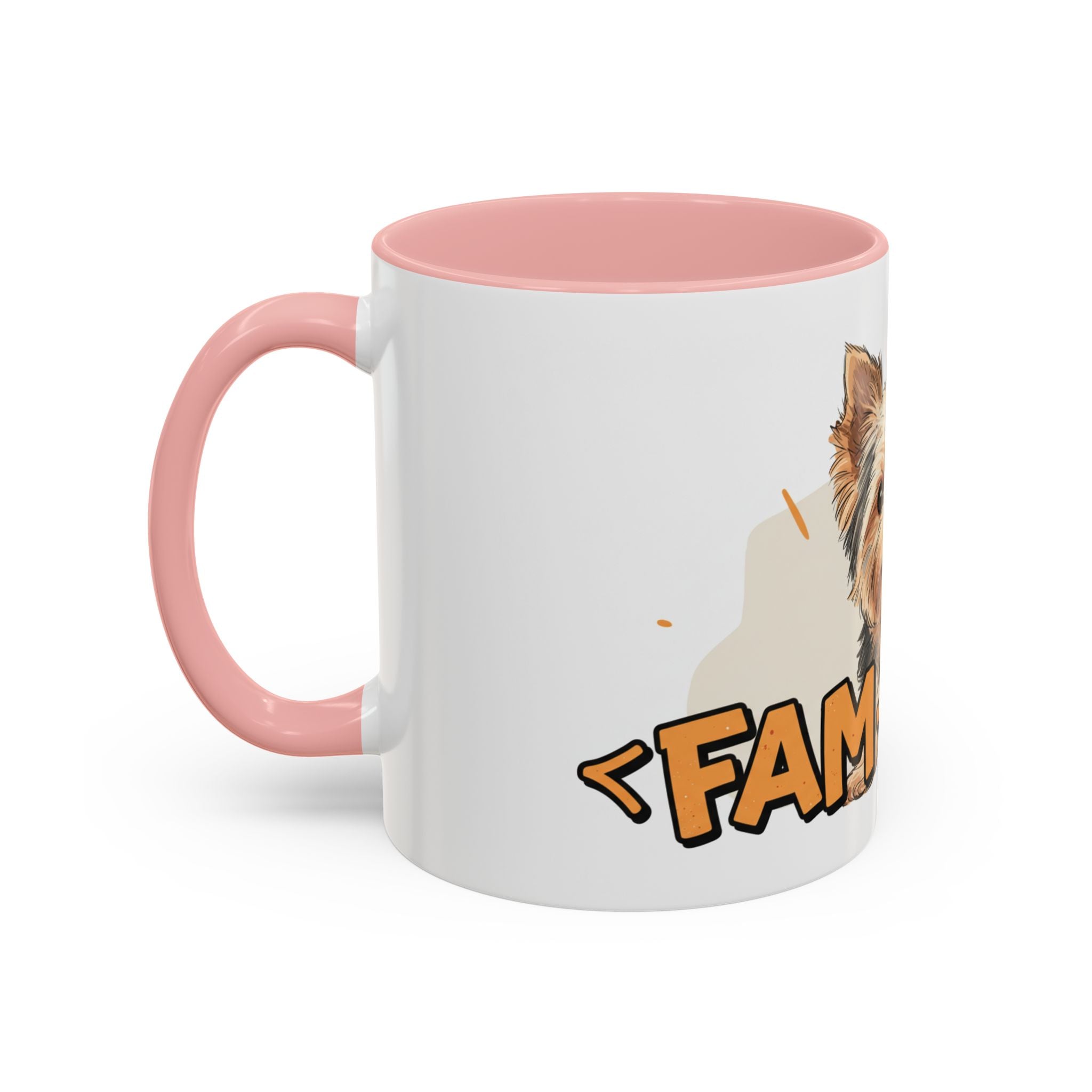 Yorkie dog coffee mug with pink handle and interior featuring a cute Yorkie illustration