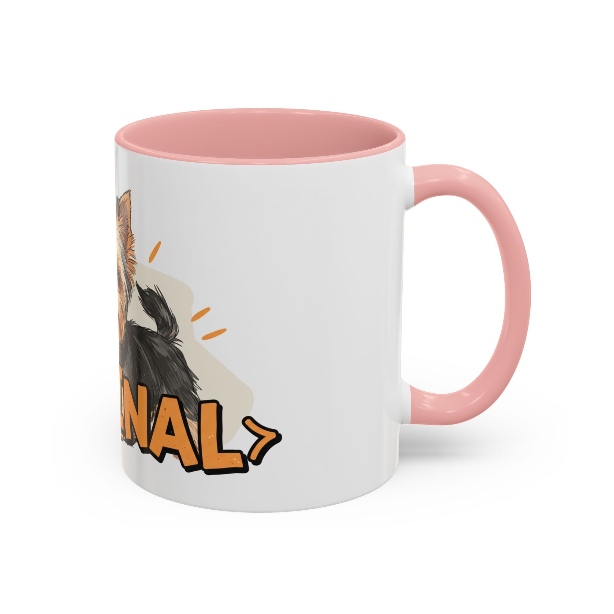 Yorkie dog coffee mug with pink handle and interior featuring a cute Yorkie dog design