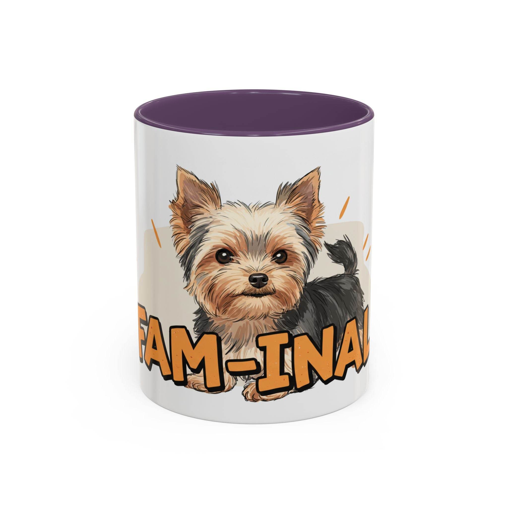 Yorkie dog coffee mug with cute Yorkshire Terrier illustration and purple interior by LuckeLadybug