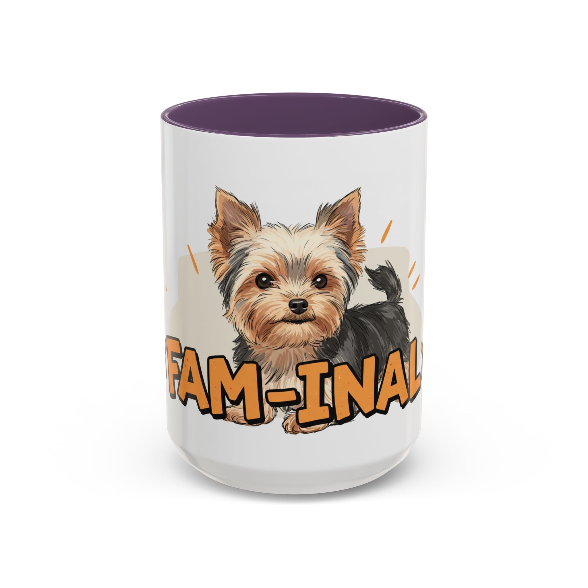 LuckeLadybug Yorkie dog coffee mug with cute Yorkshire Terrier illustration and Fam-inal text