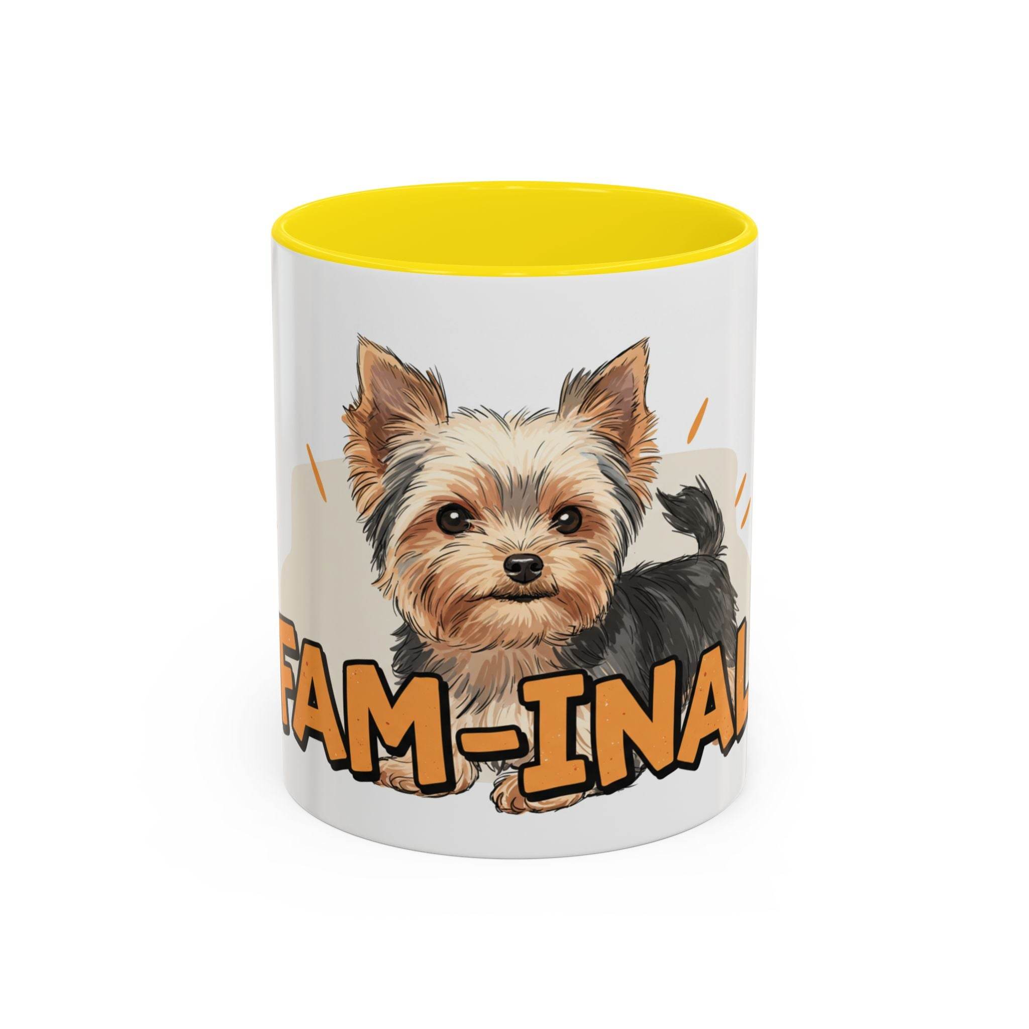 Yorkie dog coffee mug with cute Yorkie illustration and yellow interior by LuckeLadybug
