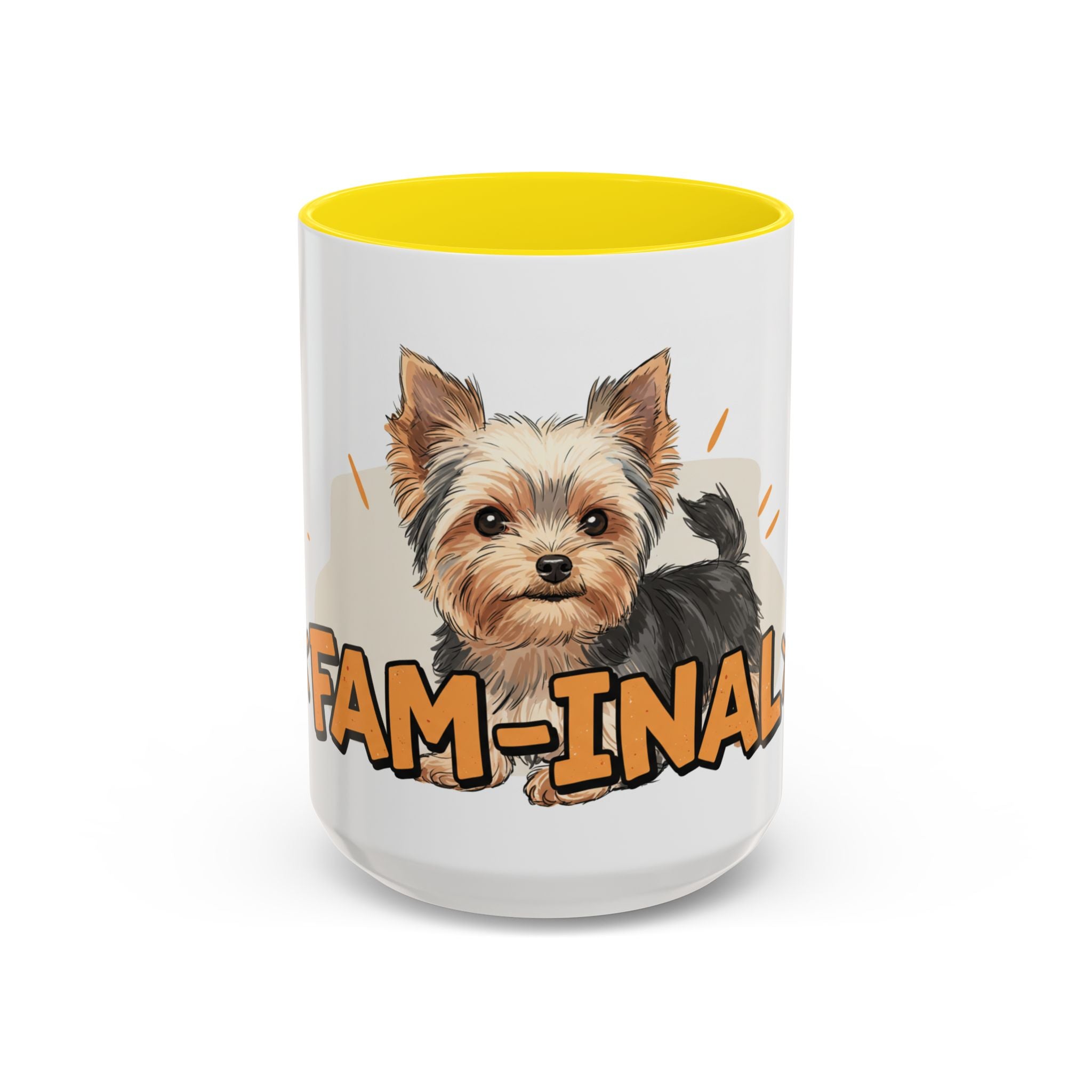 Yorkie dog coffee mug with cute Yorkshire Terrier illustration and yellow interior by LuckeLadybug