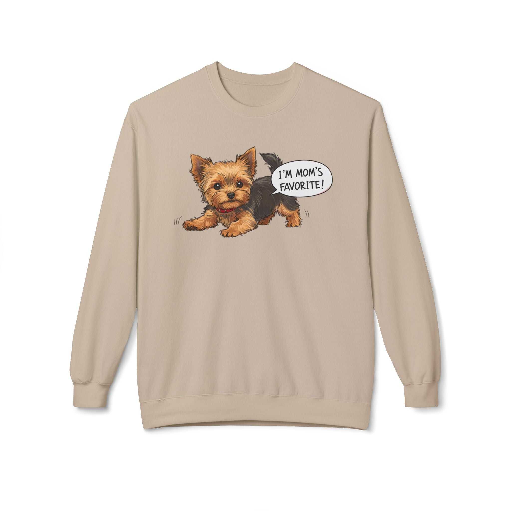 Yorkie dog mom sweatshirt in beige with cute Yorkie puppy graphic and I’m moms favorite text