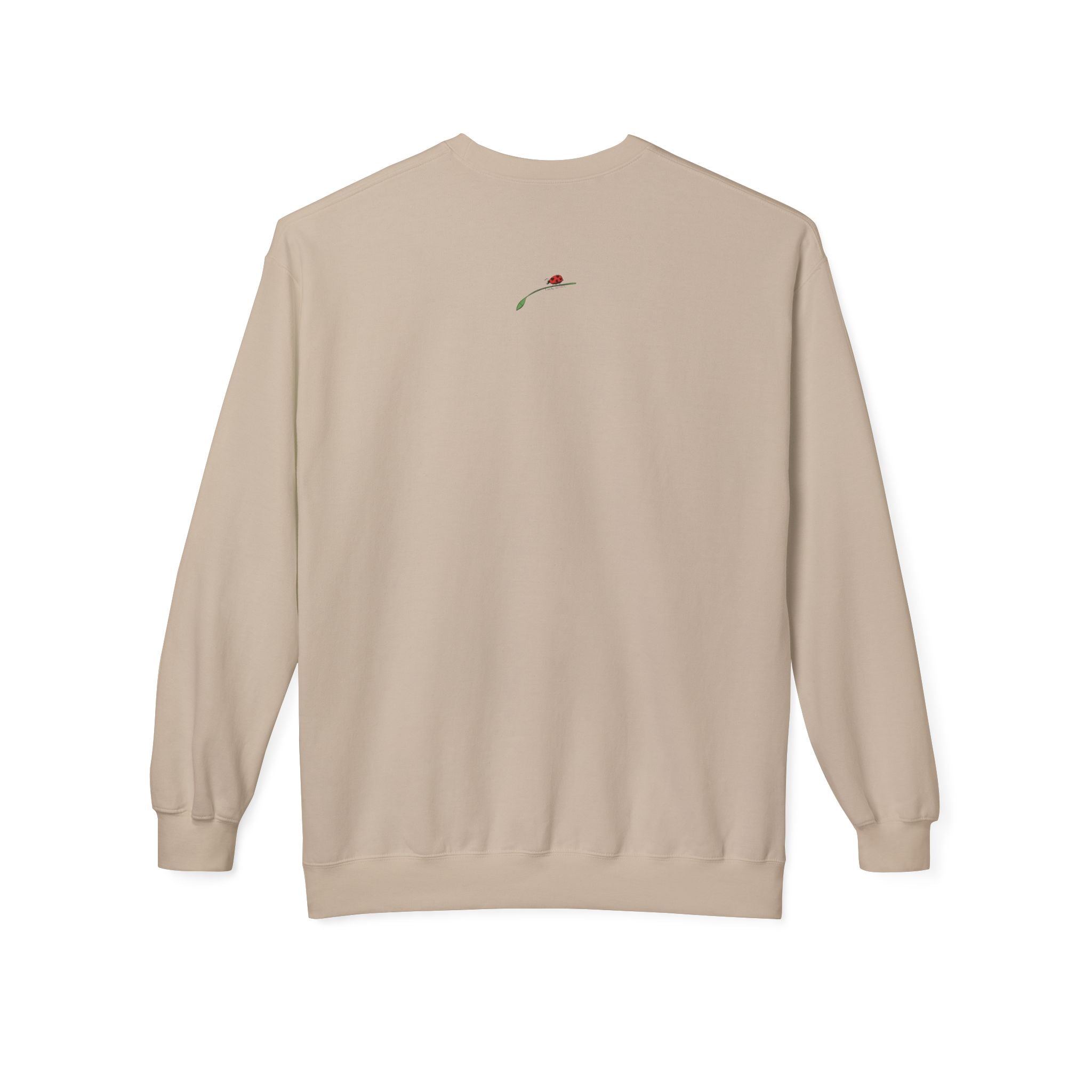 LuckeLadybug beige Yorkie dog mom sweatshirt with small red ladybug embroidery on the back