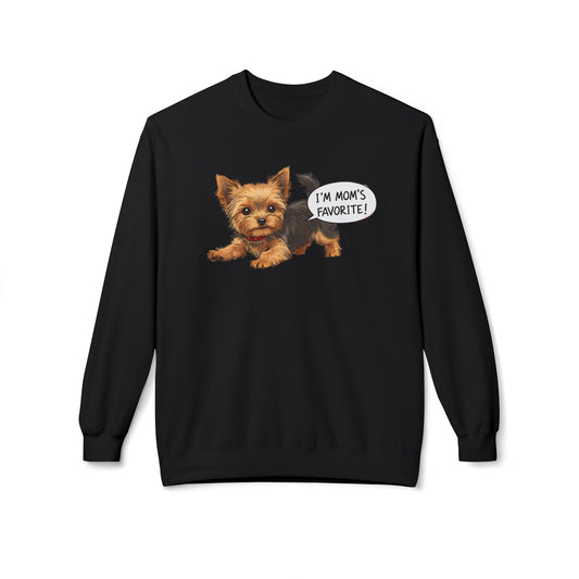 Black Yorkie dog mom sweatshirt with cute Yorkie graphic and I’m Mom’s Favorite text
