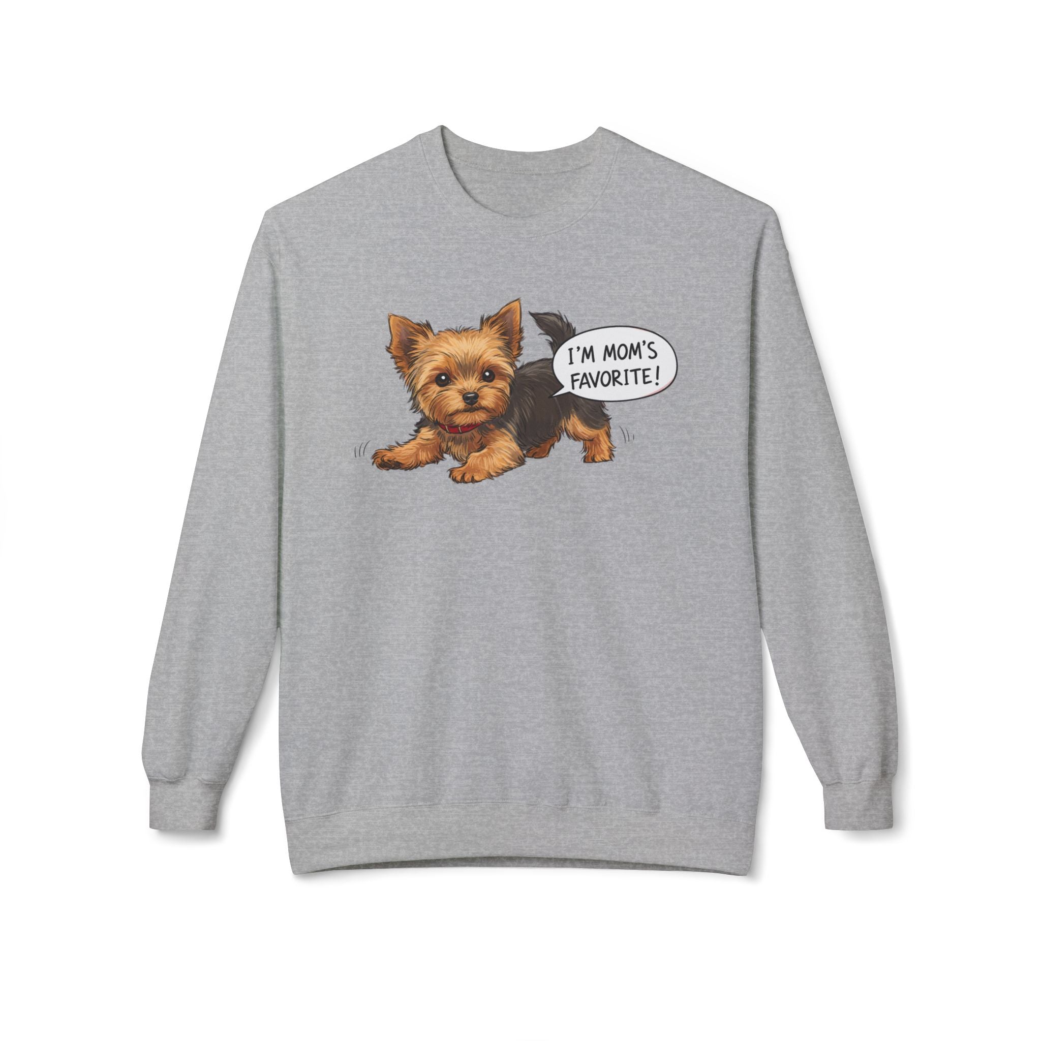 LuckeLadybug gray Yorkie dog mom sweatshirt with cute Yorkie and text I'm mom's favorite