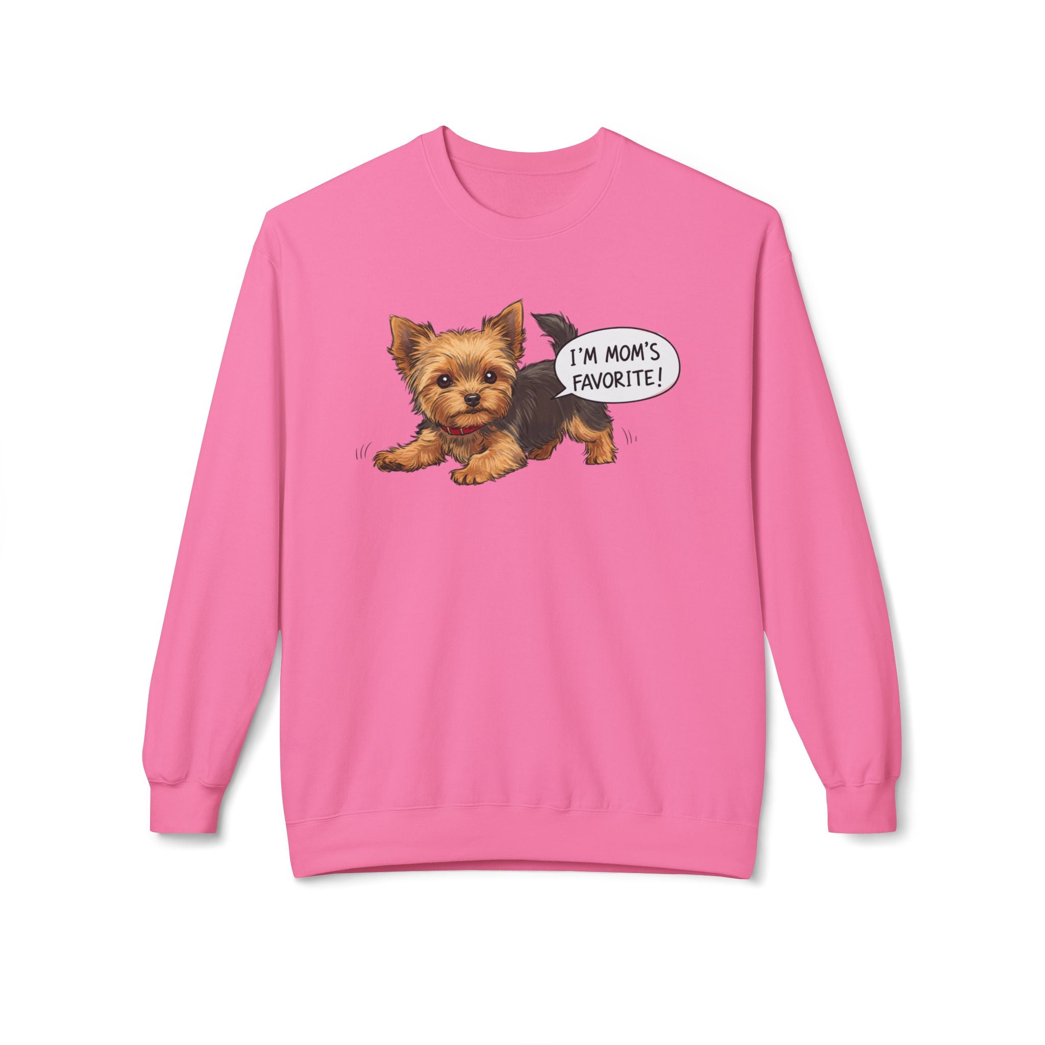 Pink Yorkie dog mom sweatshirt with cute Yorkie illustration and I’m mom’s favorite text