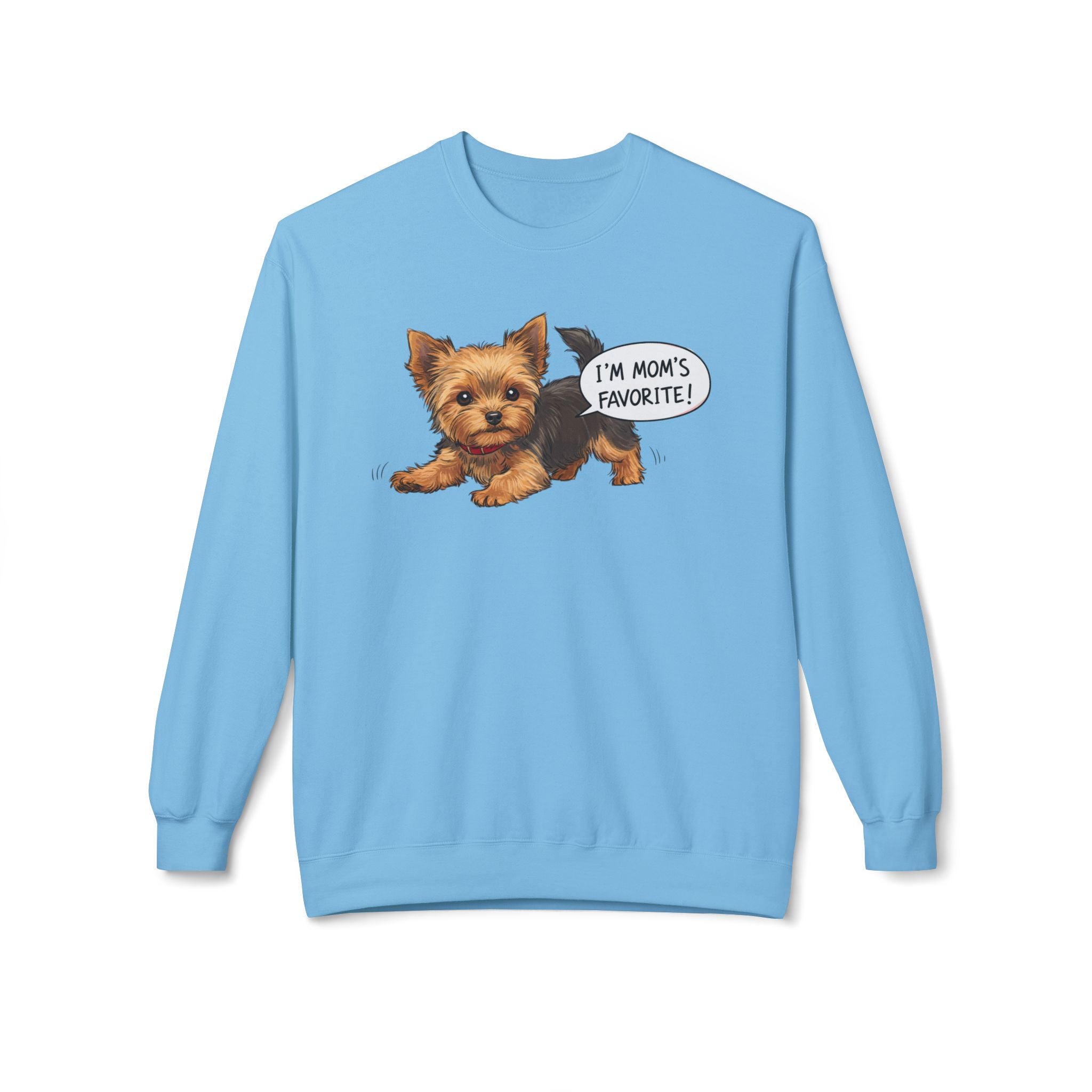 Light blue Yorkie dog mom sweatshirt with cute Yorkie graphic and I'm mom's favorite text