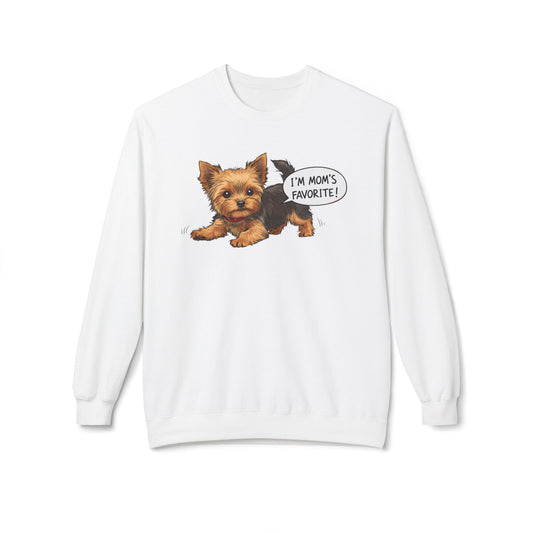 White Yorkie dog mom sweatshirt with cute Yorkie graphic saying I'm mom's favorite by LuckeLadybug