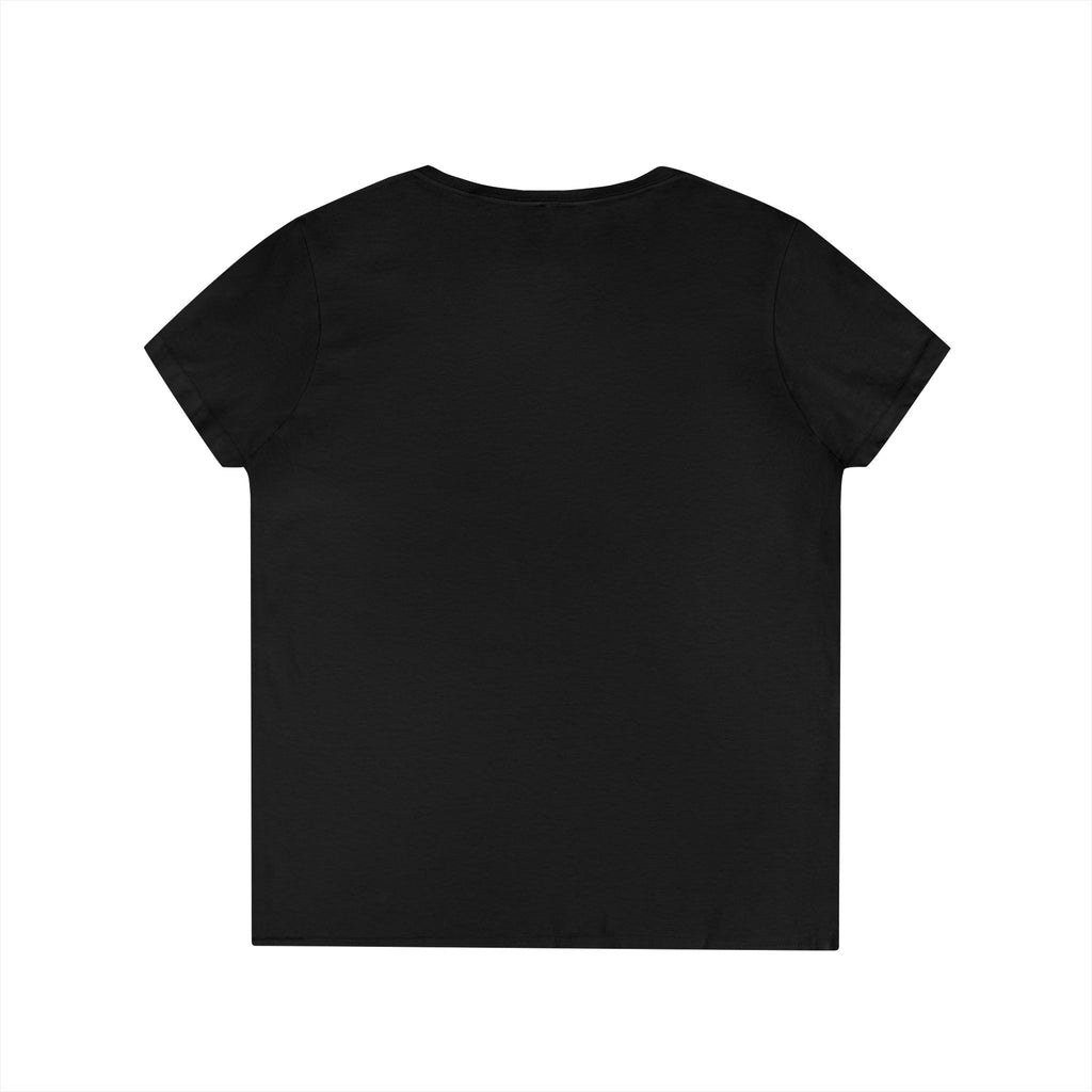 Black Yorkie V neck t shirt for women showing back view with short sleeves from LuckeLadybug